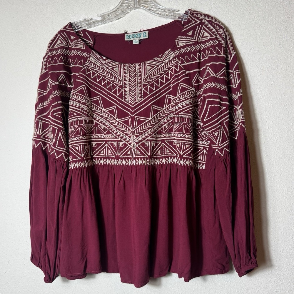 Rockin' C Women's Small Burgundy Embroidered Western Boho Blouse Rayon